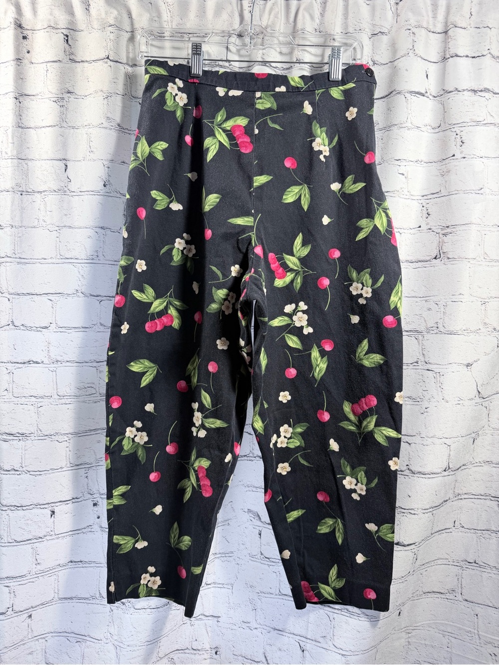 Briggs New York Black Pants with Cherry & Green Leaf Print